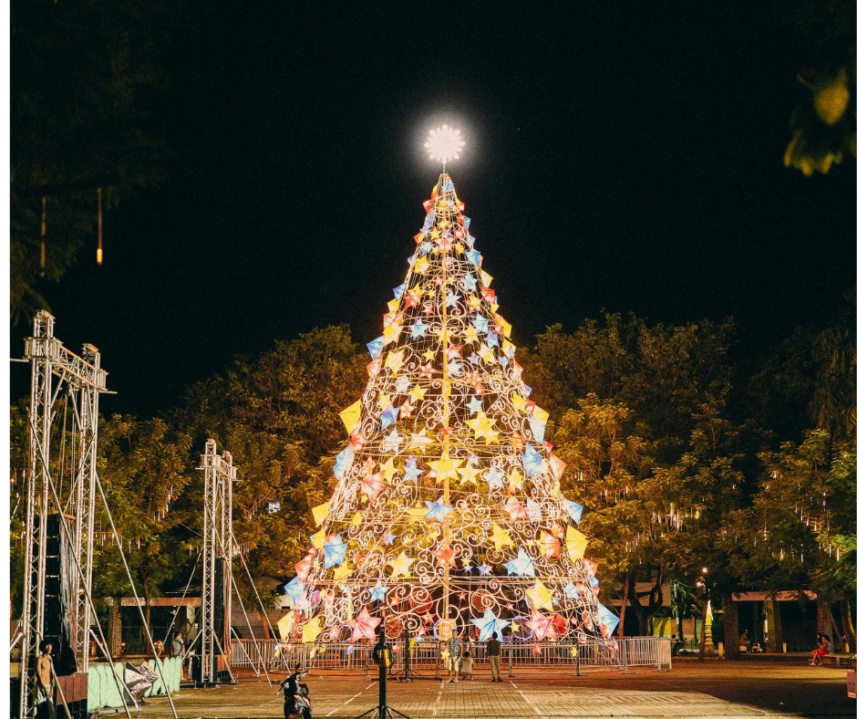 Holiday tree lit with glowing lights in Northern Virginia during winter evening